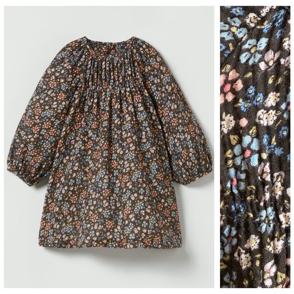 Zara Girls Brown Floral Textured Long Sleeve Dress 4t - Picture 1 of 10